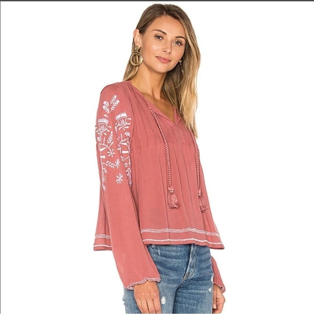 Tularosa Embroidered Rose Top Long Sleeve Persimmon Orange Size Small Bohemian